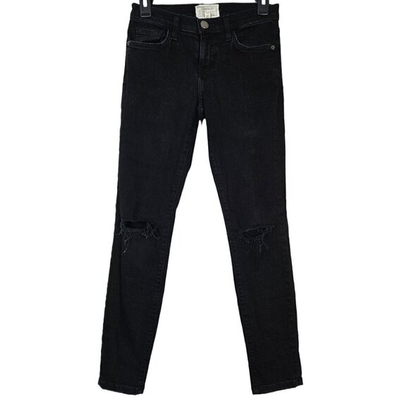 Current/Elliott / Revolve The Stiletto Skinny Jean Jet Black Knee Destroy 25-0 - Picture 5 of 15